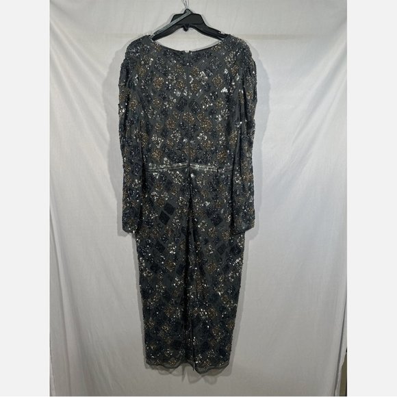 NWT‎ $498 Mac Duggal [ 16 ] Geo Embellished Midi Sheath Dress Charcoal Grey - Picture 11 of 14